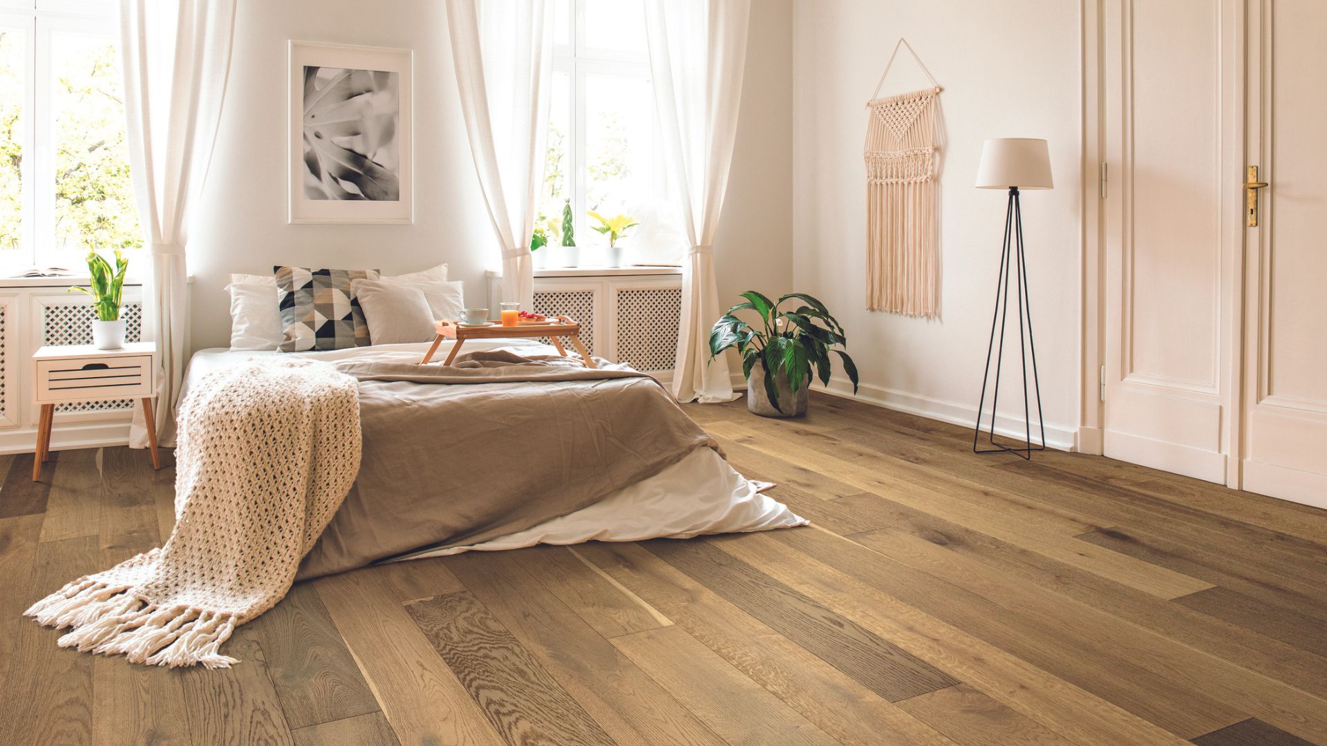 Hardwood flooring in a bedroom.